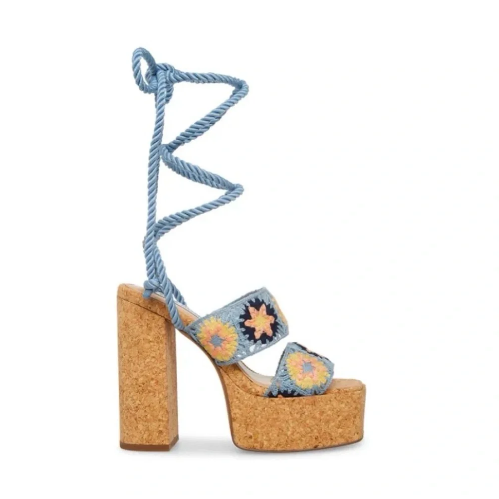 Steve Madden Light Blue Floral Embroidered Cork Platform Sandals
